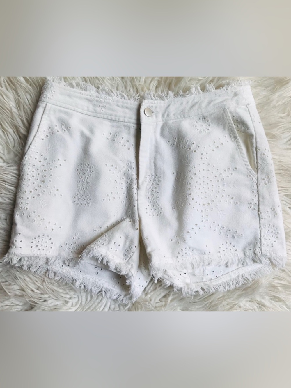 Anthropologie The Korner Cotton Floral Eyelet Shorts Frayed High Waisted White 8